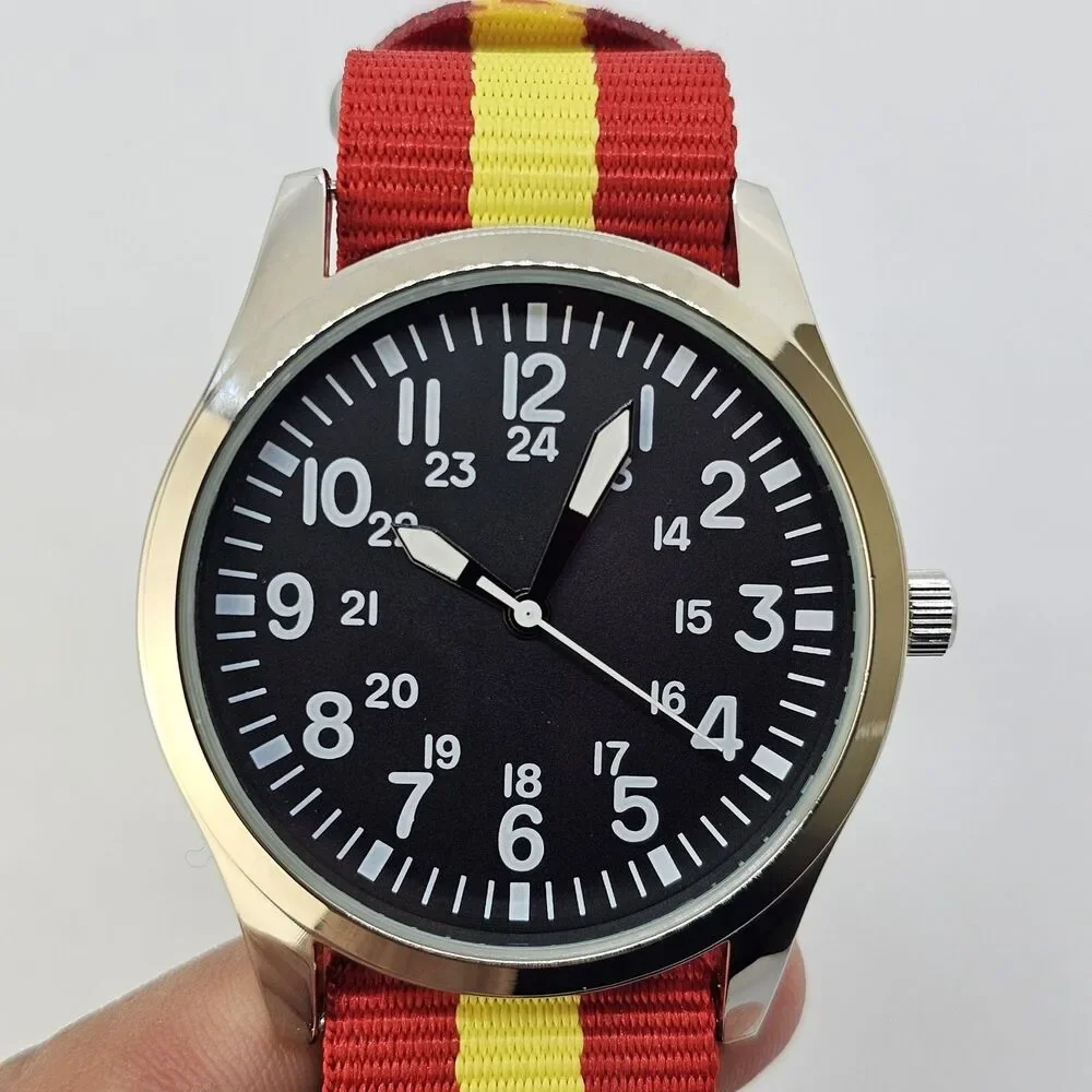Men's 42MM Field Watch Black Dial Gray‎ Case Red Yellow Canvas Band Strap